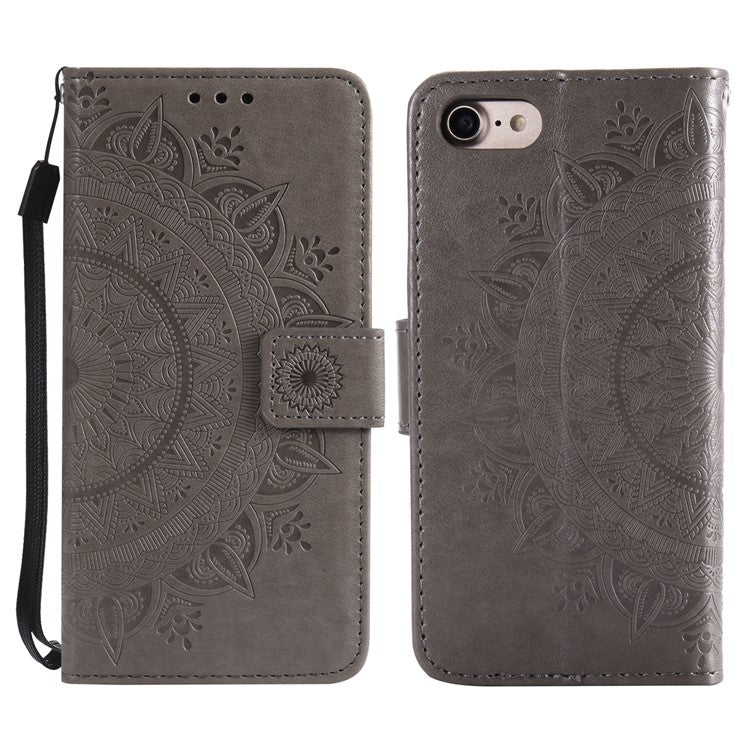 For iPhone 16e Stand Case Imprinted Totem PU Leather Wallet Phone Cover - Grey