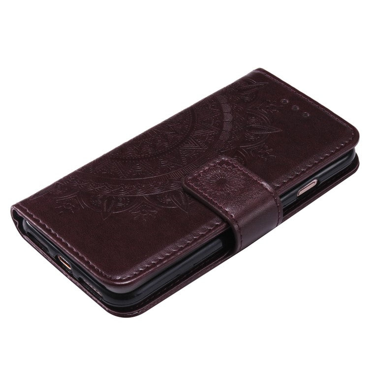 For iPhone 16e Stand Case Imprinted Totem PU Leather Wallet Phone Cover - Brown