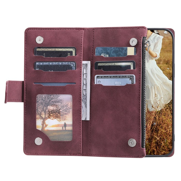 For iPhone 16e Case Rhombus Imprinted Zipper Wallet Leather Cover with Strap - Wine Red