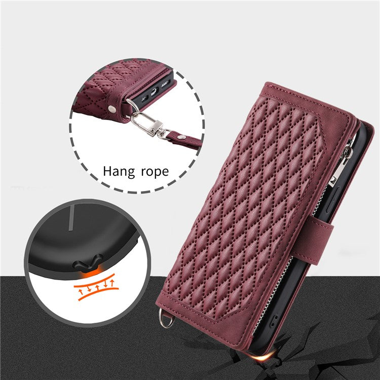 For iPhone 16e Case Rhombus Imprinted Zipper Wallet Leather Cover with Strap - Wine Red