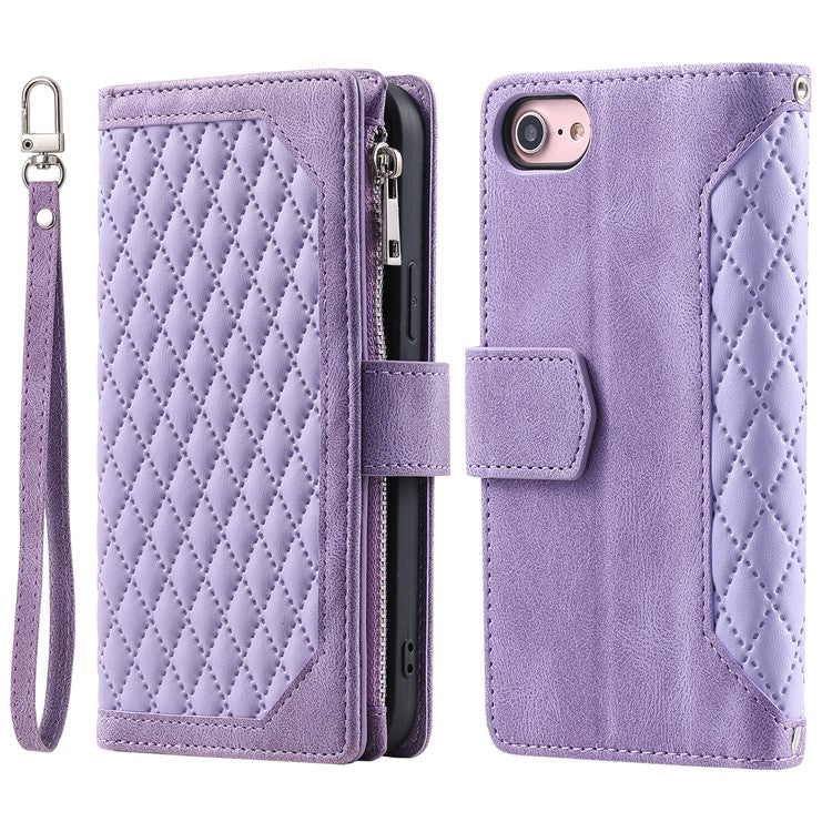 For iPhone 16e Case Rhombus Imprinted Zipper Wallet Leather Cover with Strap - Purple