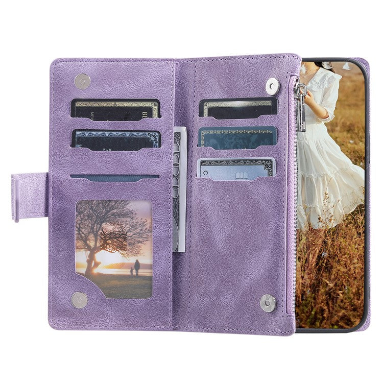 For iPhone 16e Case Rhombus Imprinted Zipper Wallet Leather Cover with Strap - Purple