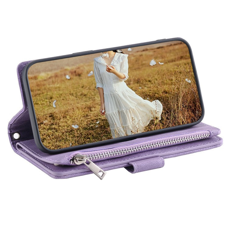 For iPhone 16e Case Rhombus Imprinted Zipper Wallet Leather Cover with Strap - Purple