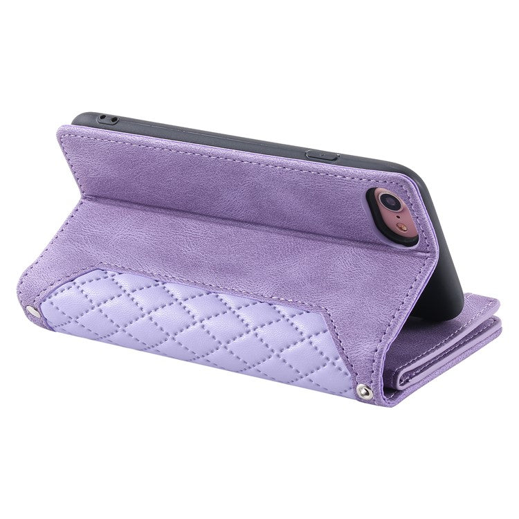 For iPhone 16e Case Rhombus Imprinted Zipper Wallet Leather Cover with Strap - Purple
