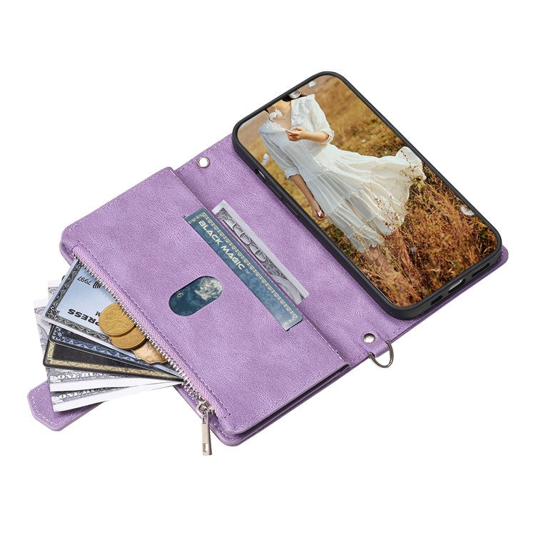 For iPhone 16e Case Rhombus Imprinted Zipper Wallet Leather Cover with Strap - Purple