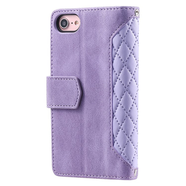 For iPhone 16e Case Rhombus Imprinted Zipper Wallet Leather Cover with Strap - Purple