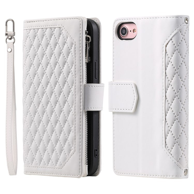 For iPhone 16e Case Rhombus Imprinted Zipper Wallet Leather Cover with Strap - White