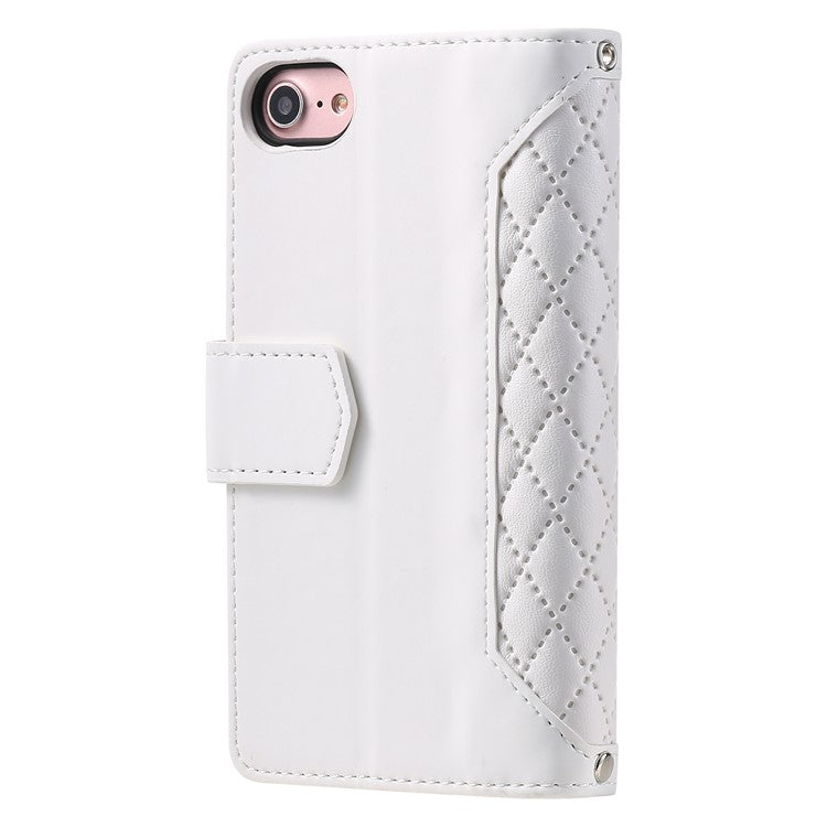 For iPhone 16e Case Rhombus Imprinted Zipper Wallet Leather Cover with Strap - White