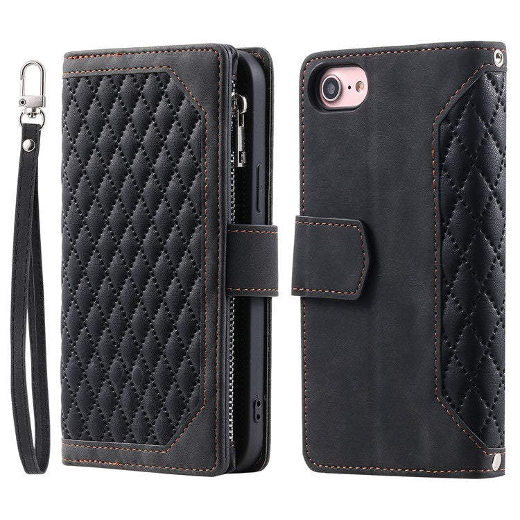 For iPhone 16e Case Rhombus Imprinted Zipper Wallet Leather Cover with Strap - Black