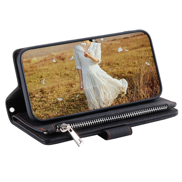 For iPhone 16e Case Rhombus Imprinted Zipper Wallet Leather Cover with Strap - Black