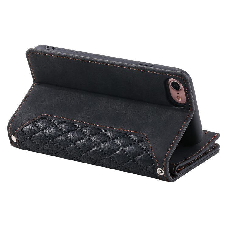 For iPhone 16e Case Rhombus Imprinted Zipper Wallet Leather Cover with Strap - Black