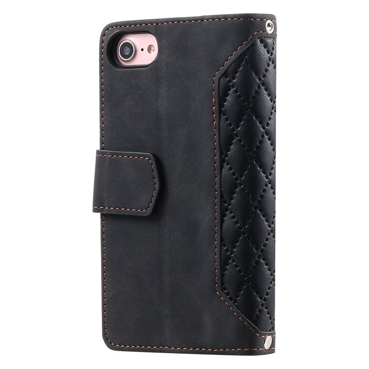 For iPhone 16e Case Rhombus Imprinted Zipper Wallet Leather Cover with Strap - Black