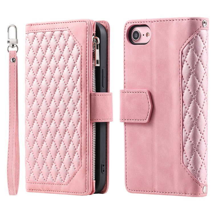 For iPhone 16e Case Rhombus Imprinted Zipper Wallet Leather Cover with Strap - Rose Gold