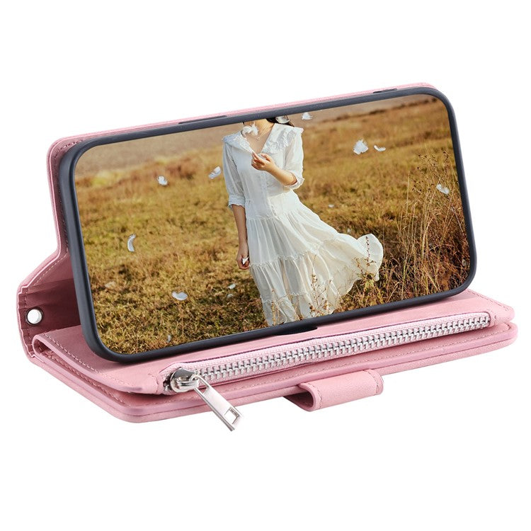 For iPhone 16e Case Rhombus Imprinted Zipper Wallet Leather Cover with Strap - Rose Gold