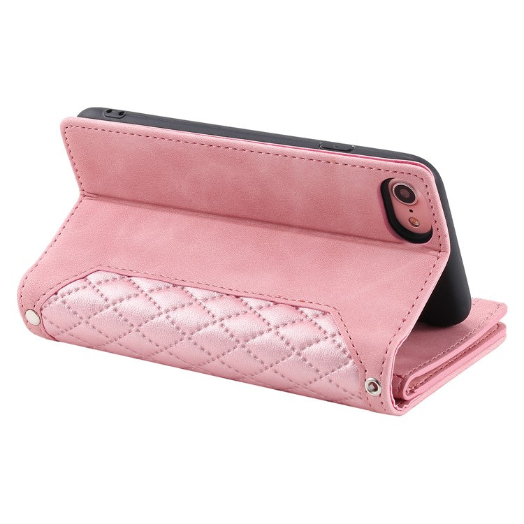 For iPhone 16e Case Rhombus Imprinted Zipper Wallet Leather Cover with Strap - Rose Gold