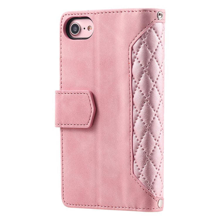 For iPhone 16e Case Rhombus Imprinted Zipper Wallet Leather Cover with Strap - Rose Gold