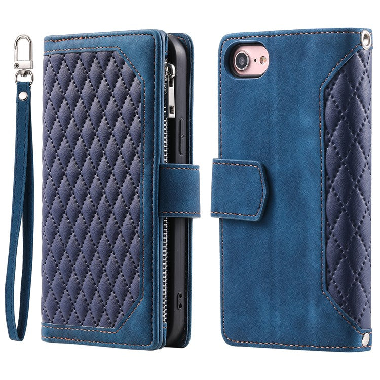 For iPhone 16e Case Rhombus Imprinted Zipper Wallet Leather Cover with Strap - Blue