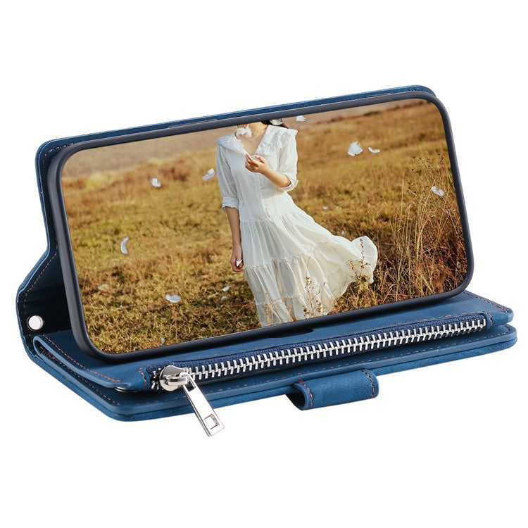 For iPhone 16e Case Rhombus Imprinted Zipper Wallet Leather Cover with Strap - Blue