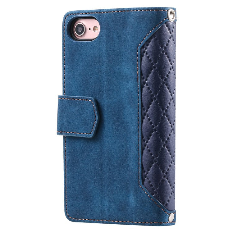 For iPhone 16e Case Rhombus Imprinted Zipper Wallet Leather Cover with Strap - Blue