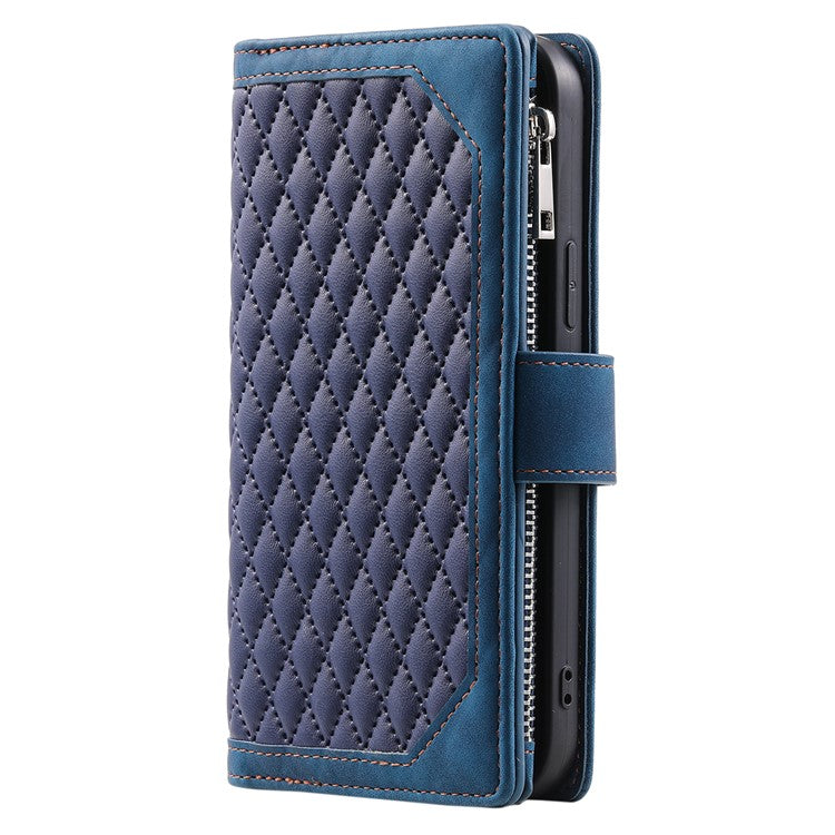 For iPhone 16e Case Rhombus Imprinted Zipper Wallet Leather Cover with Strap - Blue