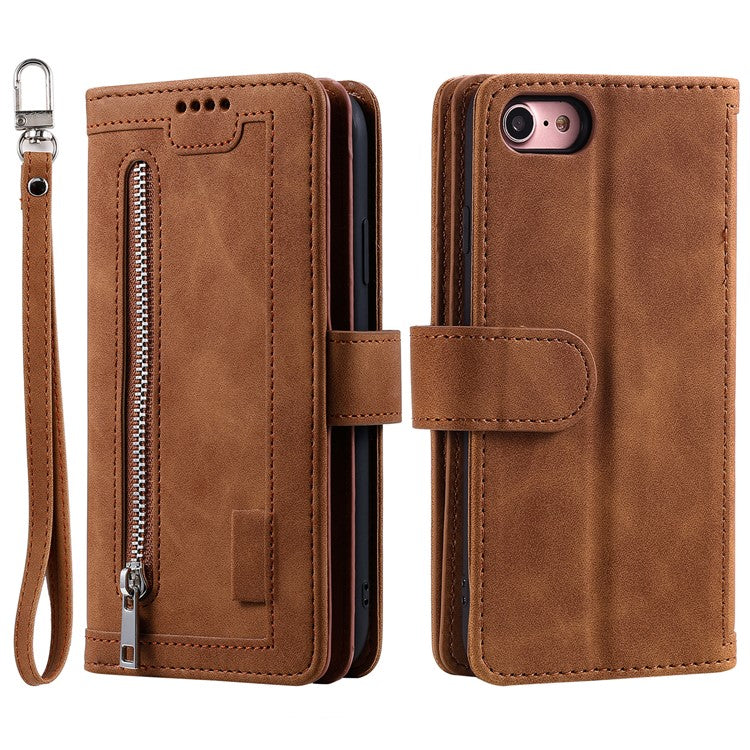 For iPhone 16e Case PU Leather Phone Cover with Zipper Wallet 9 Card Slots - Brown