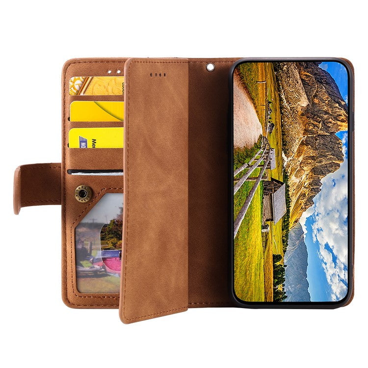 For iPhone 16e Case PU Leather Phone Cover with Zipper Wallet 9 Card Slots - Brown