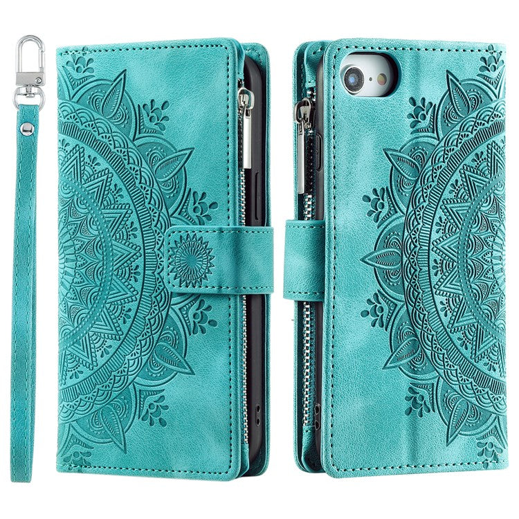Style 006 For iPhone 16e Wallet Case PU Leather Phone Cover Mandala Flower Pattern - Mint Green