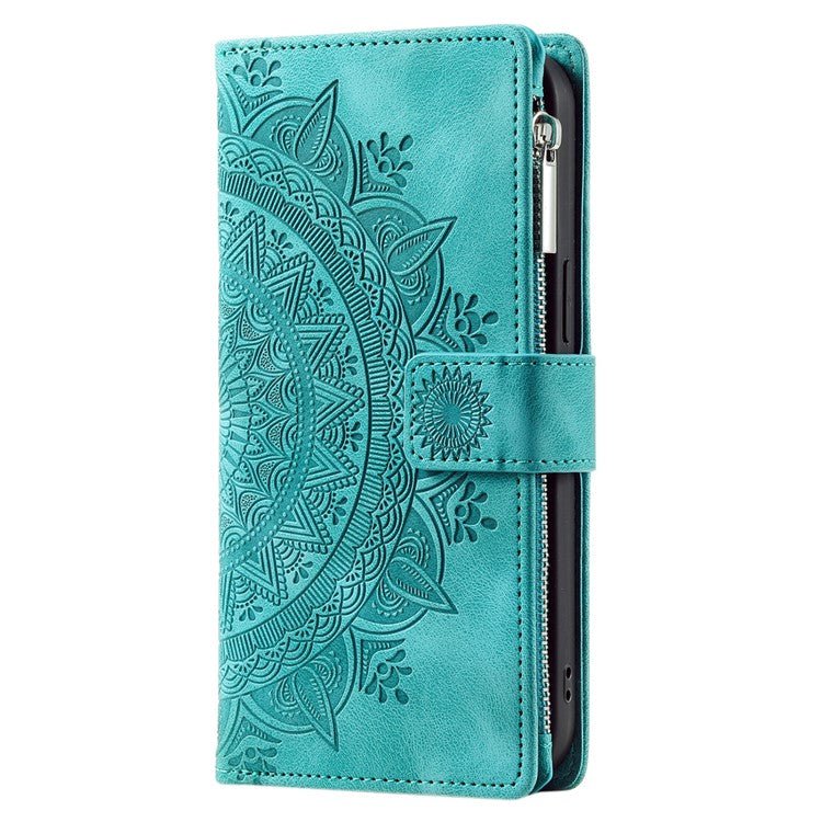 Style 006 For iPhone 16e Wallet Case PU Leather Phone Cover Mandala Flower Pattern - Mint Green