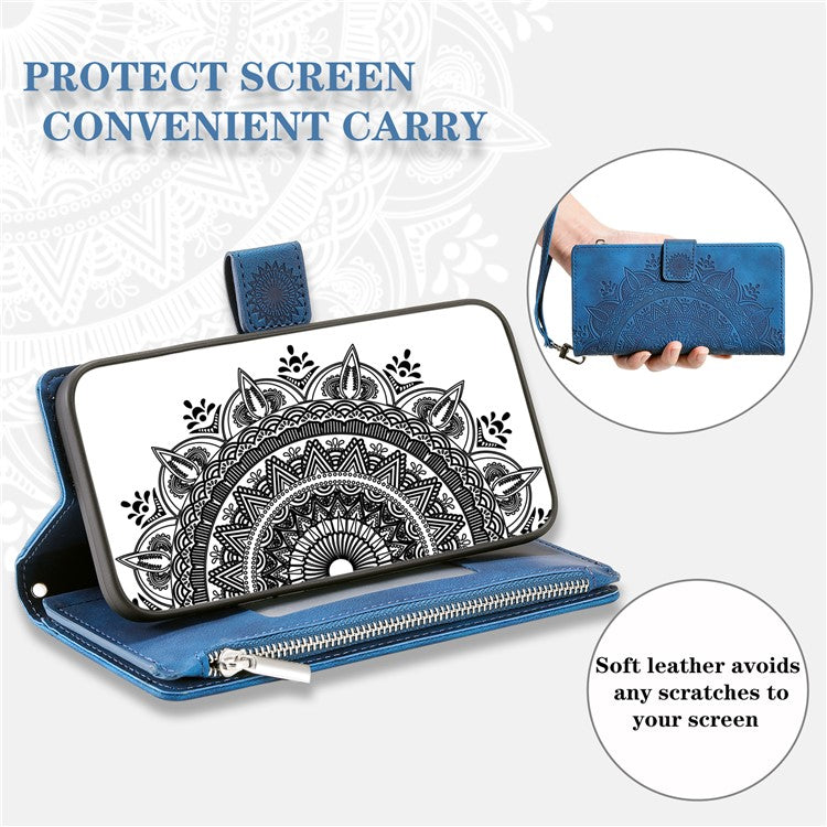 Style 006 For iPhone 16e Wallet Case PU Leather Phone Cover Mandala Flower Pattern - Blue