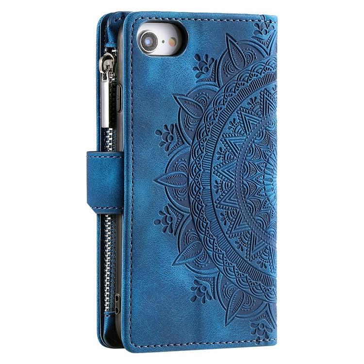Style 006 For iPhone 16e Wallet Case PU Leather Phone Cover Mandala Flower Pattern - Blue
