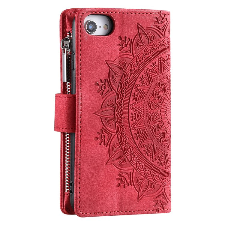 Style 006 For iPhone 16e Wallet Case PU Leather Phone Cover Mandala Flower Pattern - Red