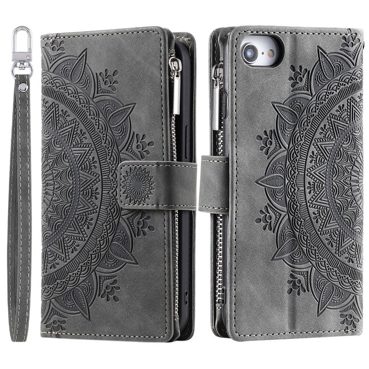 Style 006 For iPhone 16e Wallet Case PU Leather Phone Cover Mandala Flower Pattern - Grey