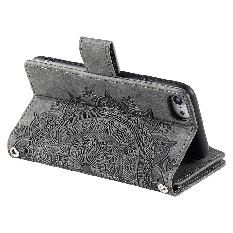 Style 006 For iPhone 16e Wallet Case PU Leather Phone Cover Mandala Flower Pattern - Grey