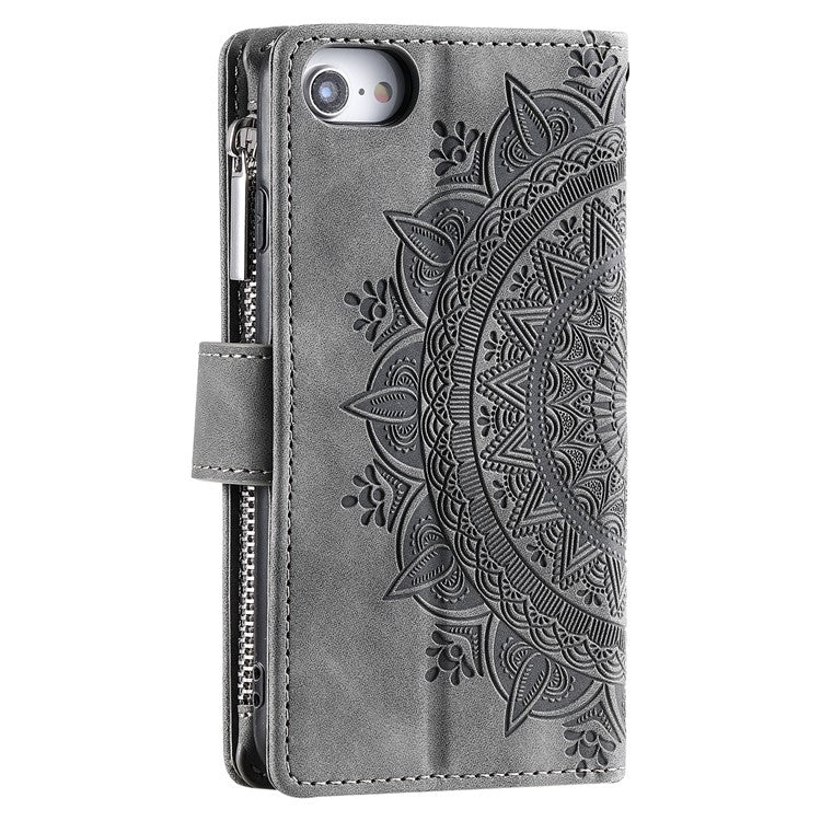 Style 006 For iPhone 16e Wallet Case PU Leather Phone Cover Mandala Flower Pattern - Grey