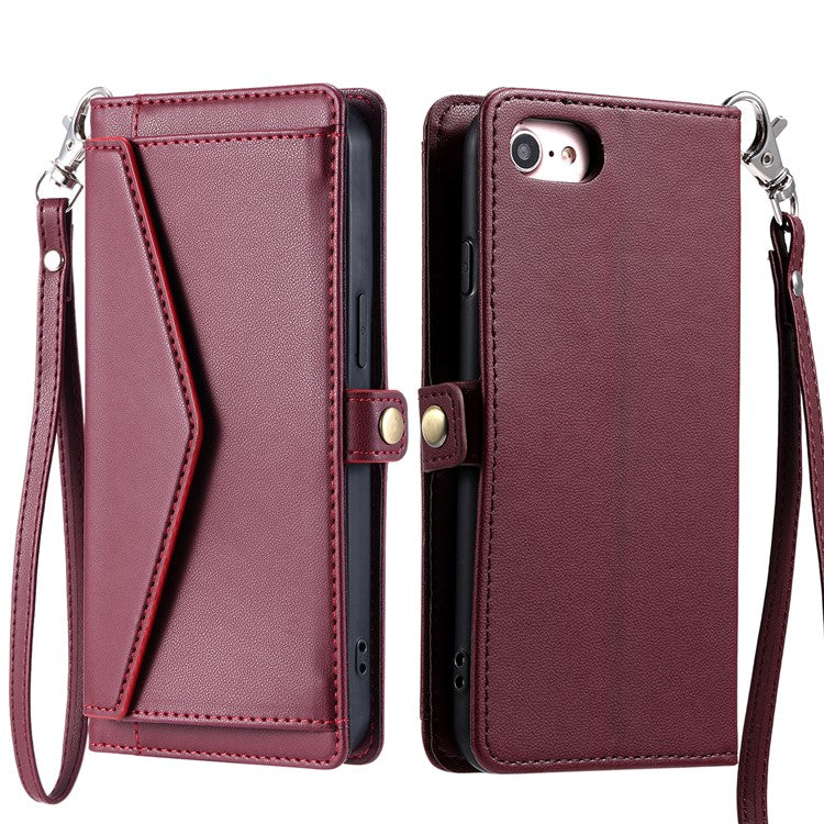 For iPhone 16e Leather Case with Wrist Strap Wallet Stand Phone Cover - Wine Red