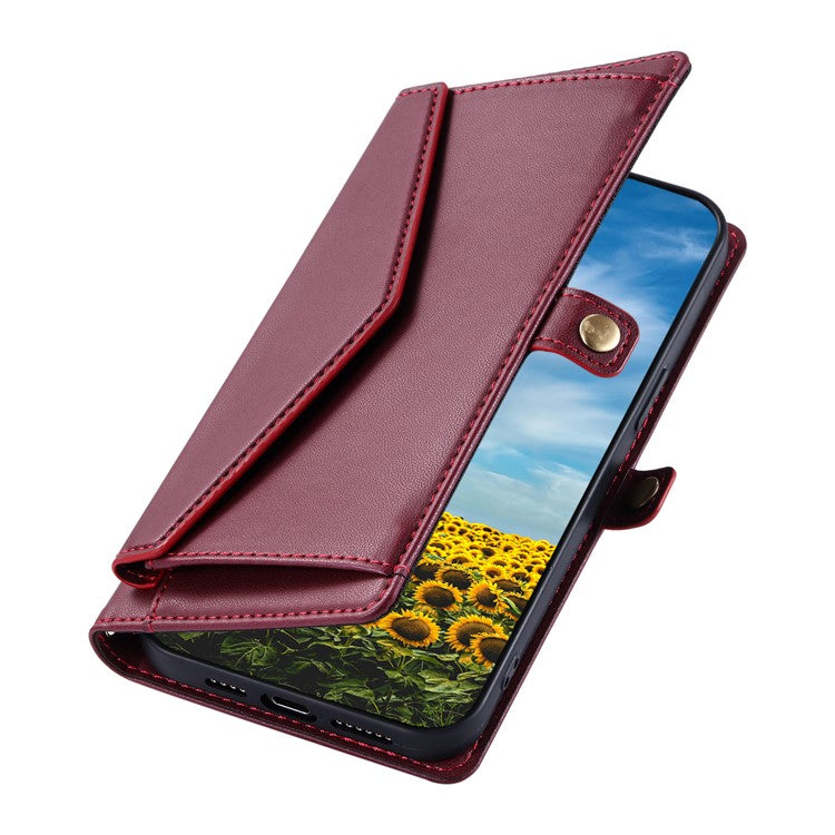 For iPhone 16e Leather Case with Wrist Strap Wallet Stand Phone Cover - Wine Red