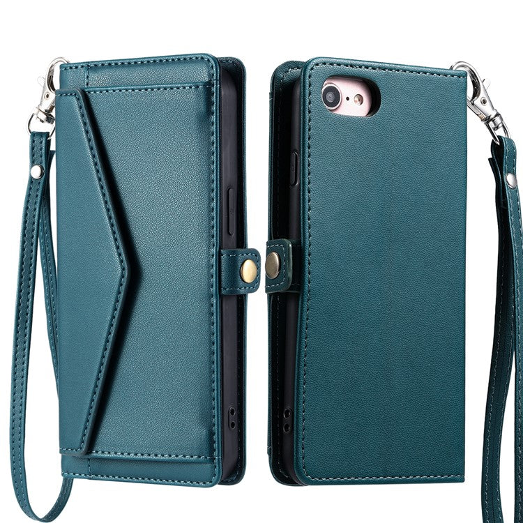 For iPhone 16e Leather Case with Wrist Strap Wallet Stand Phone Cover - Blackish Green