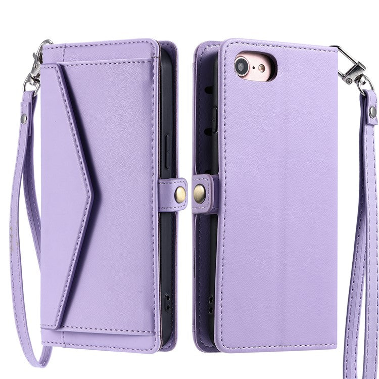 For iPhone 16e Leather Case with Wrist Strap Wallet Stand Phone Cover - Purple
