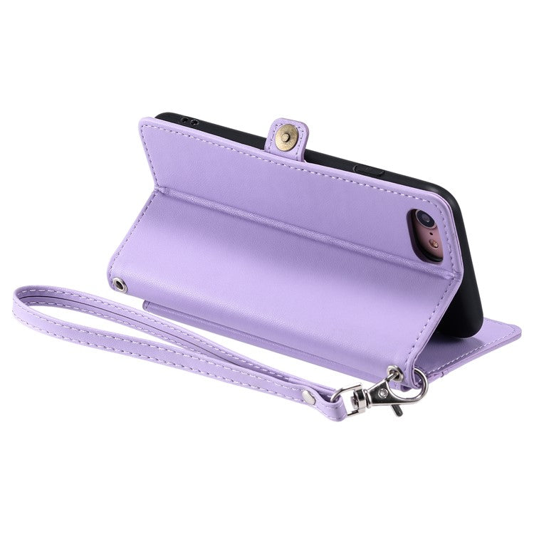 For iPhone 16e Leather Case with Wrist Strap Wallet Stand Phone Cover - Purple