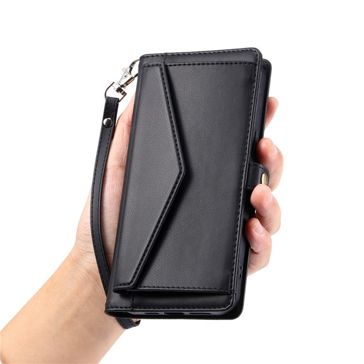 For iPhone 16e Leather Case with Wrist Strap Wallet Stand Phone Cover - Black