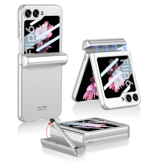 GKK 10803 For Samsung Galaxy Z Flip7 FE 5G / Z Flip6 5G Case with Stylus Magnetic Hinge Phone Cover Built In Screen Film - Silver