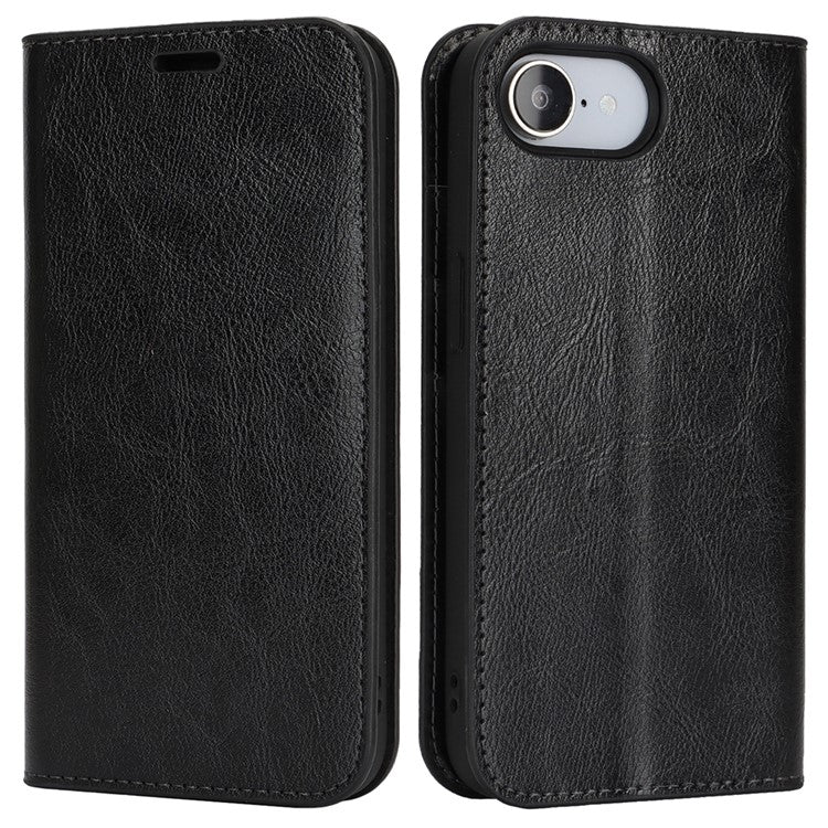 For iPhone 16e Case Crazy Horse Texture Split Leather Wallet Phone Cover - Black