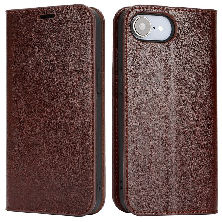 For iPhone 16e Case Crazy Horse Texture Split Leather Wallet Phone Cover - Dark Brown