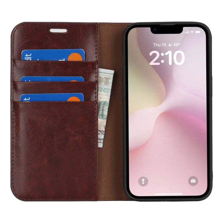 For iPhone 16e Case Crazy Horse Texture Split Leather Wallet Phone Cover - Dark Brown
