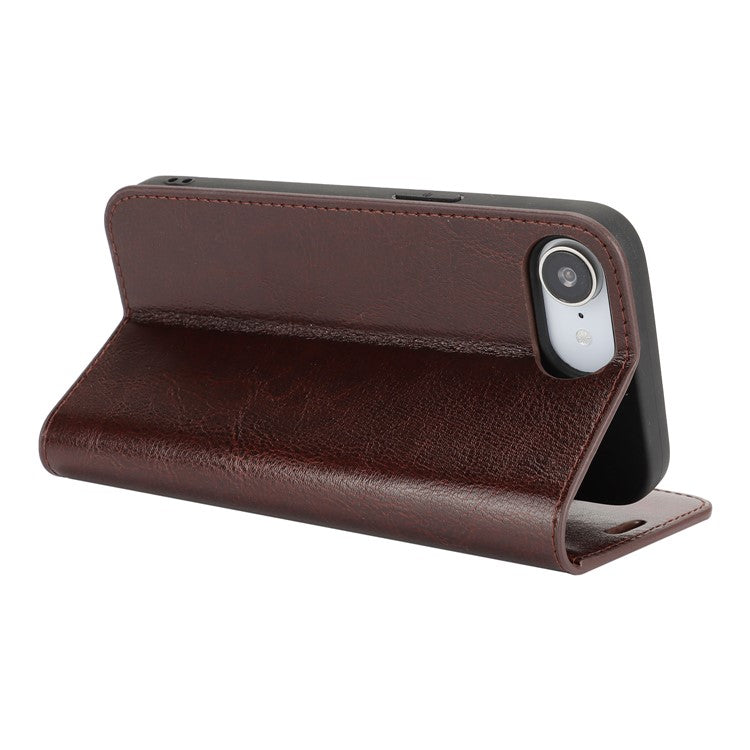 For iPhone 16e Case Crazy Horse Texture Split Leather Wallet Phone Cover - Dark Brown