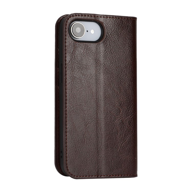 For iPhone 16e Case Crazy Horse Texture Split Leather Wallet Phone Cover - Dark Brown