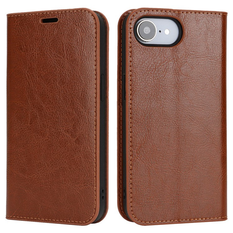 For iPhone 16e Case Crazy Horse Texture Split Leather Wallet Phone Cover - Light Brown
