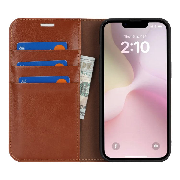 For iPhone 16e Case Crazy Horse Texture Split Leather Wallet Phone Cover - Light Brown