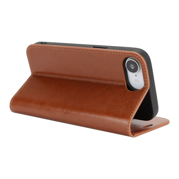 For iPhone 16e Case Crazy Horse Texture Split Leather Wallet Phone Cover - Light Brown