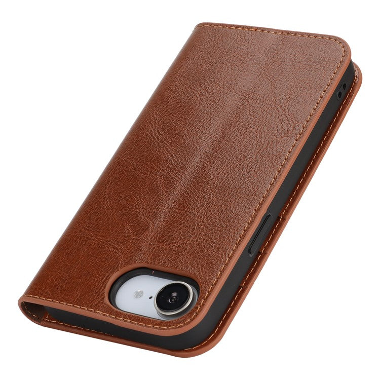For iPhone 16e Case Crazy Horse Texture Split Leather Wallet Phone Cover - Light Brown